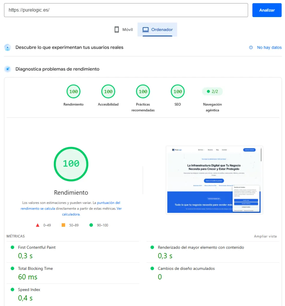 Google PageSpeed Insights 100% Rendimiento, Accesibilidad, Prácticas recomendadas y SEO en PureLogic